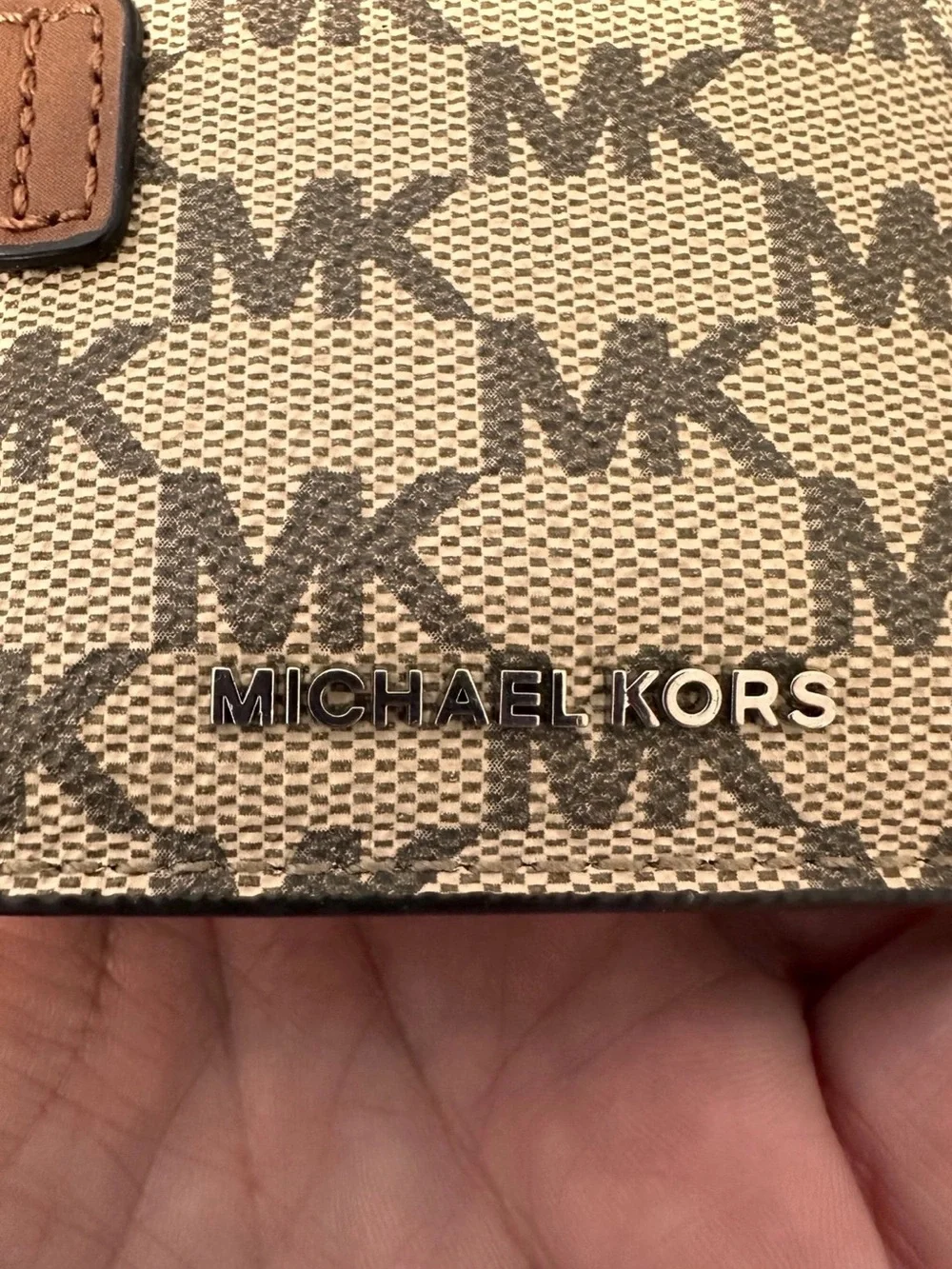 Michael Kors Tan Brown MK Monogram Key Card Holder with Keyring